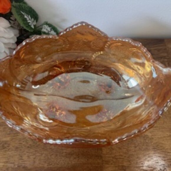 Jeanette Glass Marigold Carnival Dish Vintage Lombardi Pattern Iridescent Oval B - Picture 4 of 5